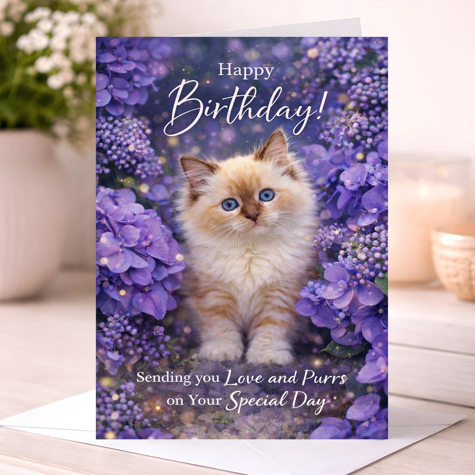 Cat Birthday Card – Cute Kitten & Purple Flowers