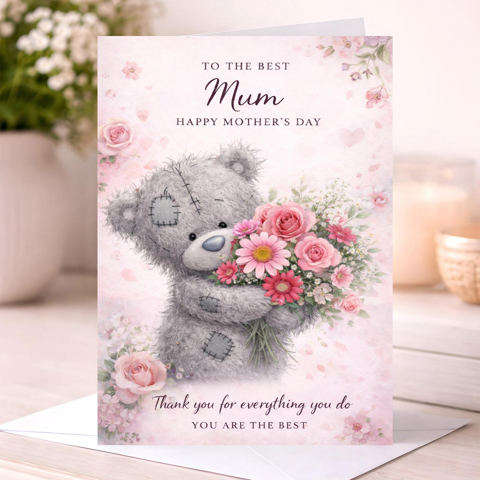 Mother’s Day Card For Mum Cute Teddy Bear Floral