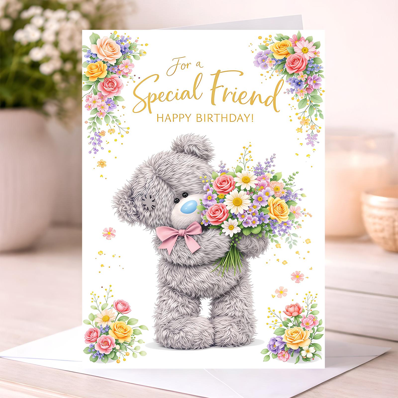 Female Birthday Card For Friend – Cute Teddy Bear & Flowers
